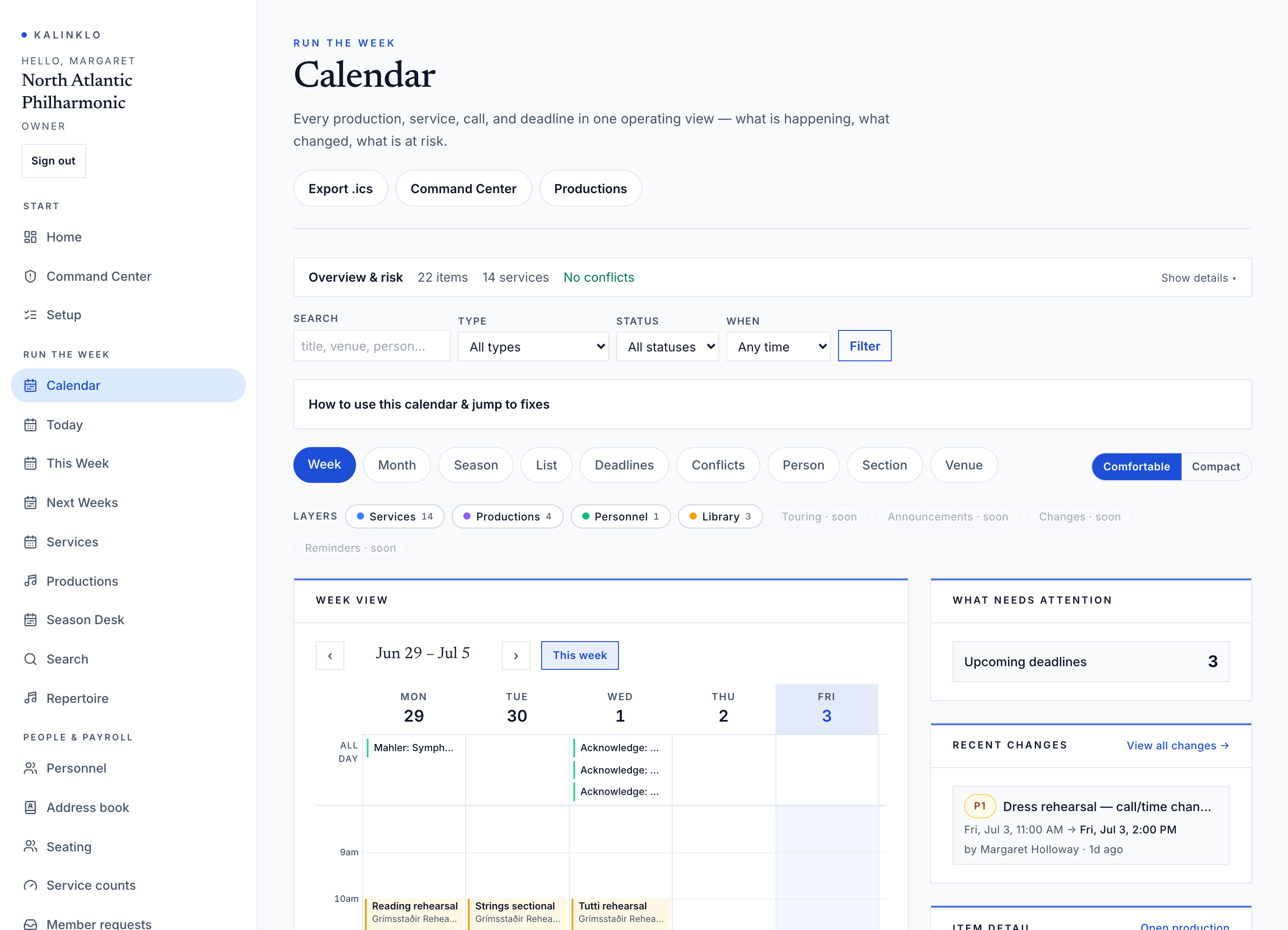 The Kalinklo calendar — a full week of an orchestra's productions, services and deadlines in one view
